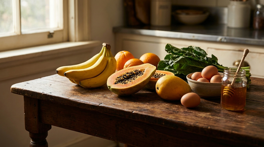 Fresh whole foods — bananas, papaya, oranges, leafy greens, brown eggs and honey — arranged on a rustic wooden table, evoking the Gracie Diet's whole-food philosophy.