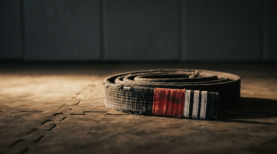 Well-worn jiu-jitsu black belt coiled on dark training mats