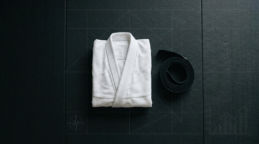 Folded gi and black belt on dark mats with grid overlay - BJJ data study
