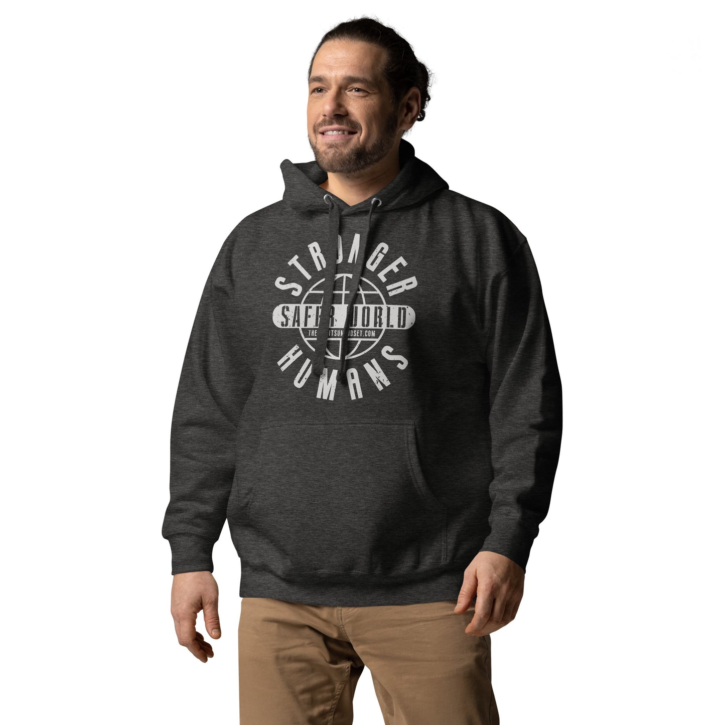jiu jitsu hoodie with the phrase “Stronger Humans Safer World” in bold lettering.