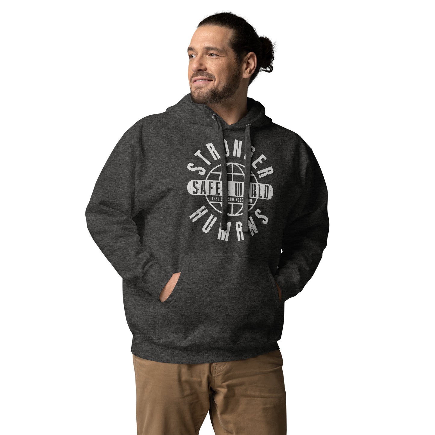 Black jiu jitsu hoodie with the phrase “Stronger Humans Safer World” in bold lettering.