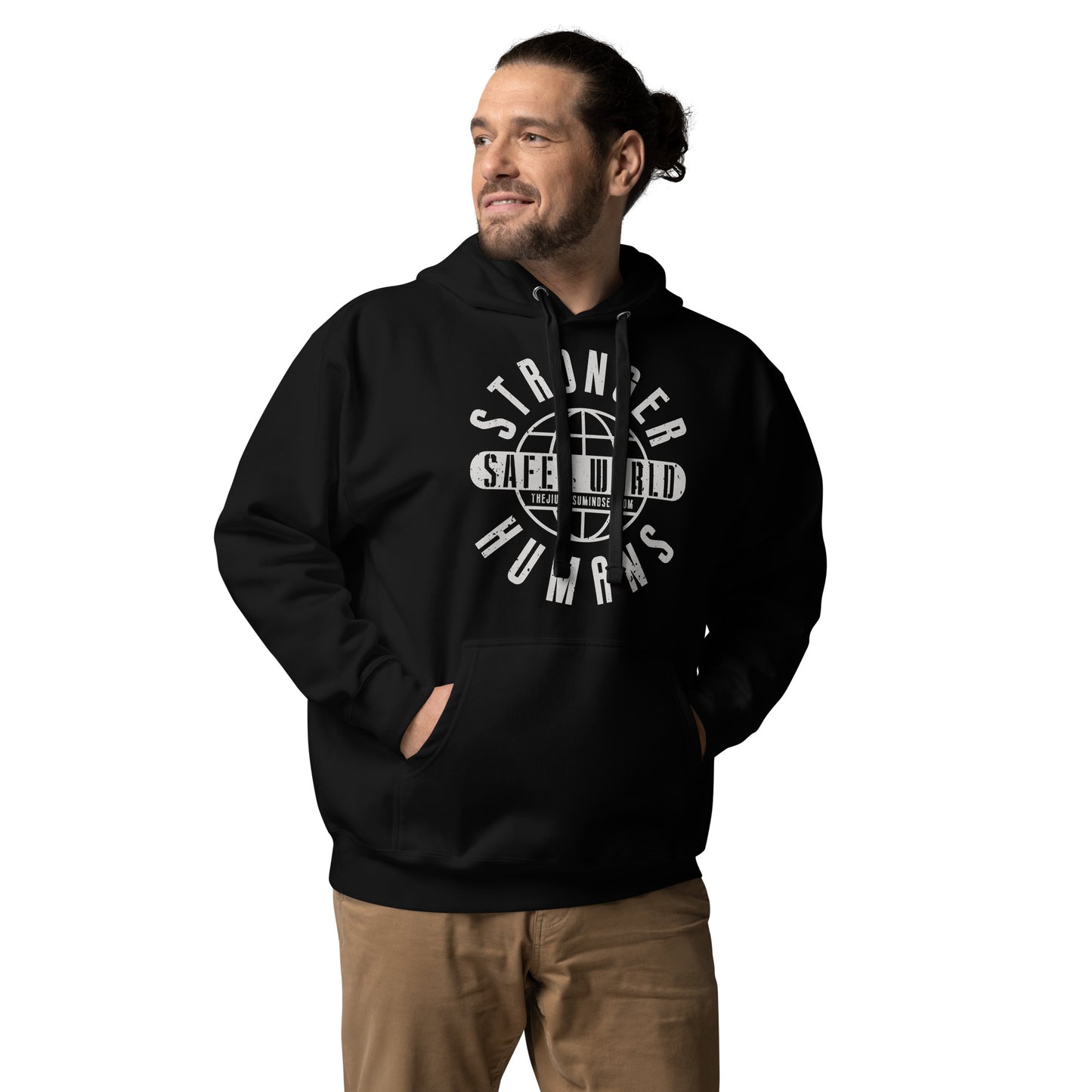jiu jitsu hoodie with the phrase “Stronger Humans Safer World” in bold lettering.