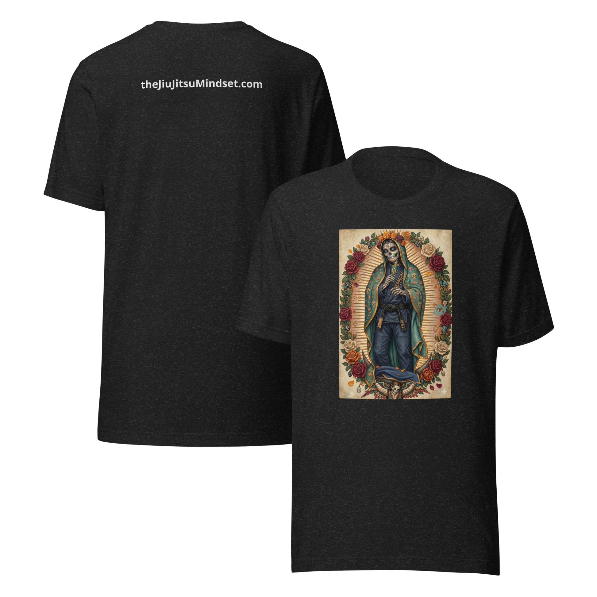 Detailed illustration of the Virgin of Guadalupe as a Dia de los Muertos skeleton wearing a blue Brazilian Jiu-Jitsu gi with a black belt, framed by an oval of red and white roses in a vintage Mexican folk art style.