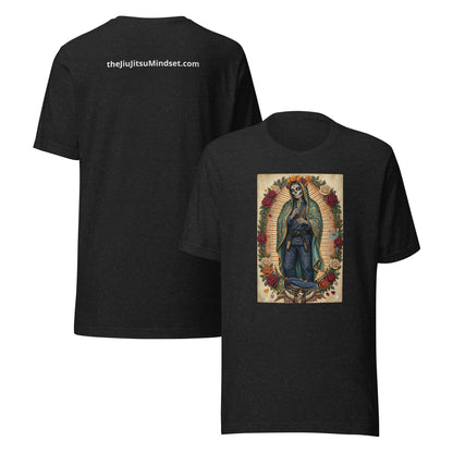 Detailed illustration of the Virgin of Guadalupe as a Dia de los Muertos skeleton wearing a blue Brazilian Jiu-Jitsu gi with a black belt, framed by an oval of red and white roses in a vintage Mexican folk art style.